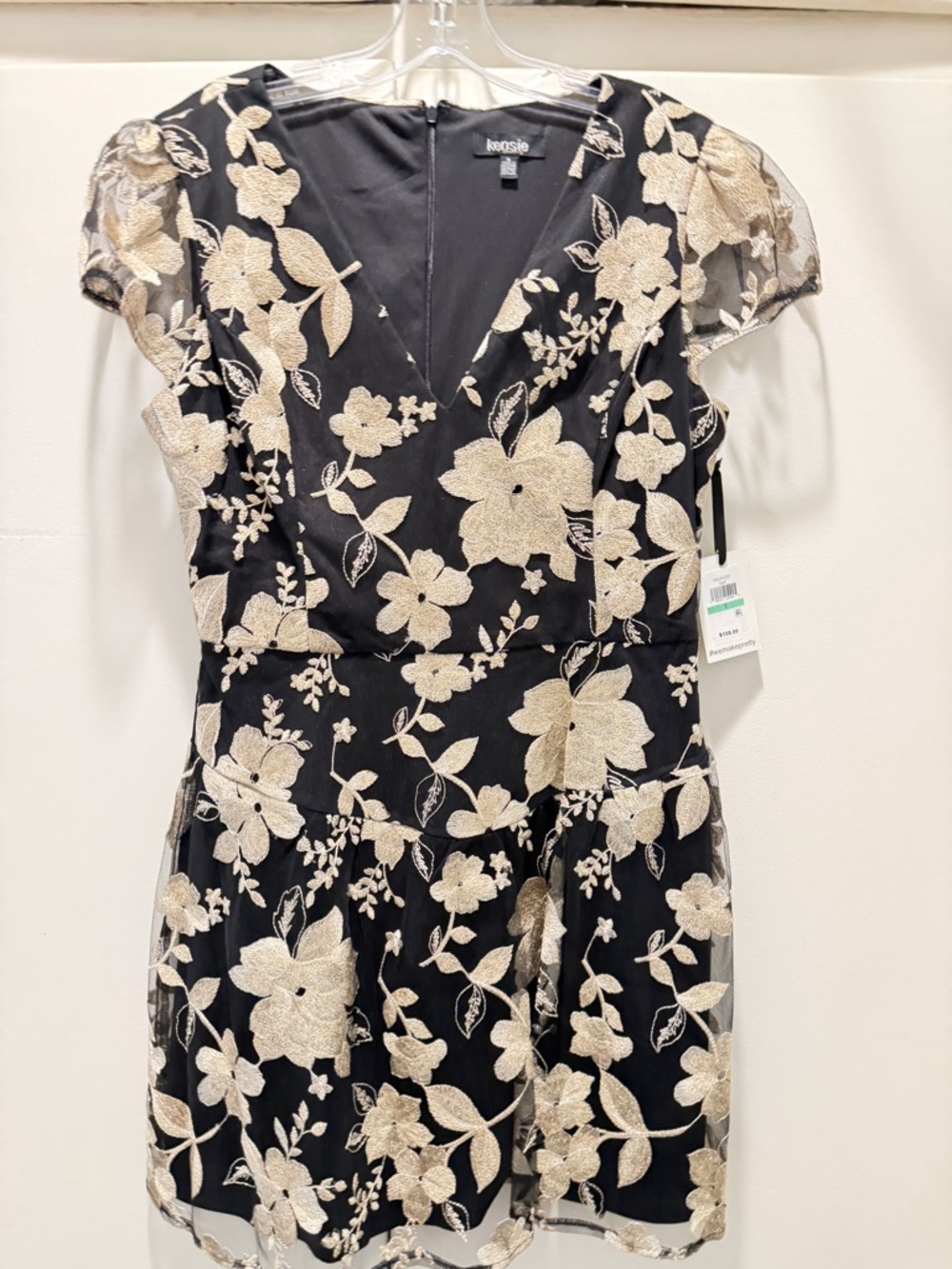 Boohoo Black Mini Dress with Gold Floral Embroidery